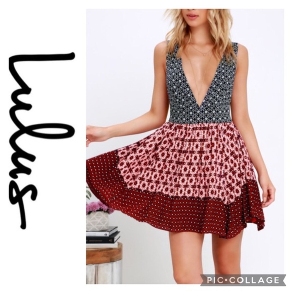 Lulus | La Vie en Roses Navy Blue and Red Floral Print Dress~L